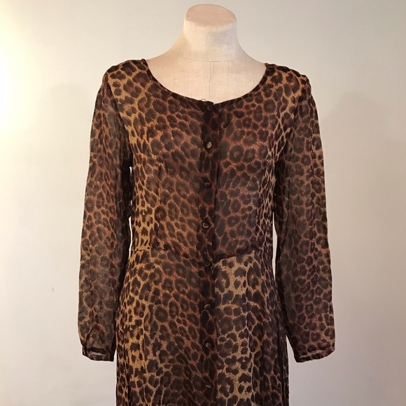 Vintage 90s Womens Maxi Dress Long Sleeve Sheer Leopard Print Brown Tan Small - Picture 2 of 9